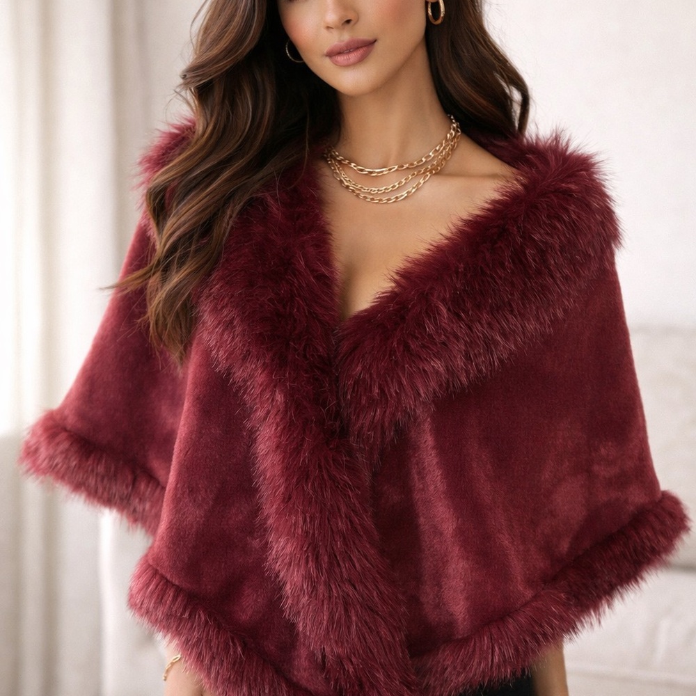 WD.NY Burgundy Faux Fur Trim Cape